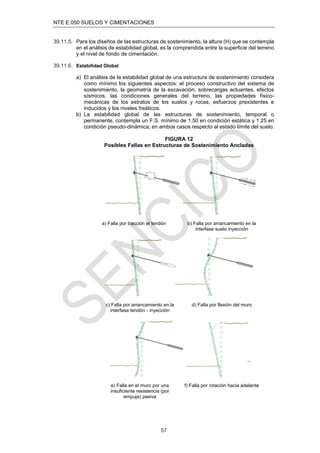 NTE E.050 SUELOS Y CIMENTACIONES
57
39.11.5. Para los diseños de las estructuras de sostenimiento, la altura (H) que se contempla
en el análisis de estabilidad global, es la comprendida entre la superﬁcie del terreno
y el nivel de fondo de cimentación.
39.11.6. Estabilidad Global
a) El análisis de la estabilidad global de una estructura de sostenimiento considera
como mínimo los siguientes aspectos: el proceso constructivo del sistema de
sostenimiento, la geometría de la excavación, sobrecargas actuantes, efectos
sísmicos, las condiciones generales del terreno, las propiedades físico-
mecánicas de los estratos de los suelos y rocas, esfuerzos prexistentes e
inducidos y los niveles freáticos.
b) La estabilidad global de las estructuras de sostenimiento, temporal o
permanente, contempla un F.S. mínimo de 1.50 en condición estática y 1.25 en
condición pseudo-dinámica; en ambos casos respecto al estado límite del suelo.
FIGURA 12
Posibles Fallas en Estructuras de Sostenimiento Ancladas
a) Falla por tracción el tendón b) Falla por arrancamiento en la
interfase suelo inyección
c) Falla por arrancamiento en la
interfase tendón - inyección
d) Falla por flexión del muro
e) Falla en el muro por una
insuficiente resistencia (por
empuje) pasiva
f) Falla por rotación hacia adelante
 