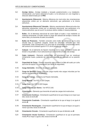 NTE E.050 SUELOS Y CIMENTACIONES
8
5.2 Anclaje Activo.- Anclaje instalado y tensado posteriormente a su instalación,
introduciendo una fuerza adicional al suelo o a la estructura en una magnitud y
dirección determinada por el PRS.
5.3 Asentamiento Diferencial.- Máxima diferencia de nivel entre dos cimentaciones
adyacentes unidos por un elemento estructural, que pertenecen a la misma
estructura.
5.4 Asentamiento Diferencial Tolerable.- Máximo asentamiento diferencial entre dos
elementos adyacentes unidos por un elemento estructural, que pertenecen a la
misma estructura, que al ocurrir no produce daños visibles ni causa problemas.
5.5 Bulbo.- Es el elemento estructural de acero fijado al suelo o roca mediante un
material cementante. El bulbo recibe la carga del cabezal del anclaje a través del
tramo libre y la transmite al suelo circundante.
5.6 Bulbo de Presiones.- También conocido como bulbo de esfuerzos, es la zona
situada bajo la superficie cargada, donde los esfuerzos verticales son más
importantes. Este corresponde a la zona bajo la cimentación comprendida dentro
del contorno de la isóbara igual al 10 % de la presión de contacto.
5.7 Cabezal.- Es el elemento de fijación mecánica de la carga aplicada a través del
tendón a la pantalla o muro estructural que se transmite al bulbo del anclaje.
5.8 Cajón (caisson).- Elemento prefabricado de cimentación que se construye
inicialmente hueco, pudiendo ser rellenado después de colocado en su posición
final.
5.9 Capacidad de Carga.- Presión requerida para producir la falla del suelo por corte
que sirve de apoyo a la cimentación (sin factor de seguridad).
5.10 Carga Admisible.- Sinónimo de presión admisible.
5.11 Carga de Servicio.- Carga viva más carga muerta más cargas inducidas por los
sismos (sin factores de ampliación).
5.12 Carga de Trabajo.- Sinónimo de Presión Admisible.
5.13 Carga Muerta.- Ver NTE E.020 Cargas.
5.14 Carga Viva.- Ver NTE E.020 Cargas.
5.15 Carga Inducida por Sismo.- Ver NTE E.030.
5.16 Cimentación.- Elemento que transmite al suelo las cargas de la estructura.
5.17 Cimentación Continua.- Cimentación superficial en la que el largo L es mayor que
diez veces el ancho B.
5.18 Cimentación Cuadrada.- Cimentación superficial en la que el largo L es igual al
ancho B.
5.19 Cimentación Rectangular.- Cimentación superficial en la que el largo L es igual o
menor que diez veces el ancho B.
5.20 Cimentación Circular.- Cimentación superficial en la que el diámetro es B.
5.21 Cimentación Anular Continua.- Cimentación superficial en la que el perímetro
medio P es mayor o igual a diez veces el ancho B.
 