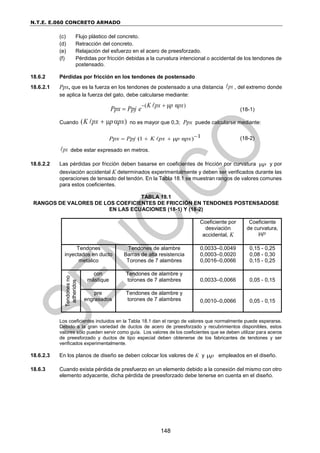 N.T.E. E.060 CONCRETO ARMADO
148
(c) Flujo plástico del concreto.
(d) Retracción del concreto.
(e) Relajación del esfuerzo en el acero de preesforzado.
(f) Pérdidas por fricción debidas a la curvatura intencional o accidental de los tendones de
postensado.
18.6.2 Pérdidas por fricción en los tendones de postensado
18.6.2.1 Ppx, que es la fuerza en los tendones de postensado a una distancia px , del extremo donde
se aplica la fuerza del gato, debe calcularse mediante:
( )
μ α
K px p px
Ppx Ppj e
 
 (18-1)
Cuando ( )
K px p px
   no es mayor que 0,3; Ppx puede calcularse mediante:
1
(1 μ α )
Ppx Ppj K px p px 
   (18-2)
px debe estar expresado en metros.
18.6.2.2 Las pérdidas por fricción deben basarse en coeficientes de fricción por curvatura p
 y por
desviación accidental K determinados experimentalmente y deben ser verificados durante las
operaciones de tensado del tendón. En la Tabla 18.1 se muestran rangos de valores comunes
para estos coeficientes.
TABLA 18.1
RANGOS DE VALORES DE LOS COEFICIENTES DE FRICCIÓN EN TENDONES POSTENSADOSE
EN LAS ECUACIONES (18-1) Y (18-2)
Los coeficientes incluidos en la Tabla 18.1 dan el rango de valores que normalmente puede esperarse.
Debido a la gran variedad de ductos de acero de preesforzado y recubrimientos disponibles, estos
valores sólo pueden servir como guía. Los valores de los coeficientes que se deben utilizar para aceros
de preesforzado y ductos de tipo especial deben obtenerse de los fabricantes de tendones y ser
verificados experimentalmente.
18.6.2.3 En los planos de diseño se deben colocar los valores de K y p
 empleados en el diseño.
18.6.3 Cuando exista pérdida de presfuerzo en un elemento debido a la conexión del mismo con otro
elemento adyacente, dicha pérdida de preesforzado debe tenerse en cuenta en el diseño.
Coeficiente por
desviación
accidental, K
Coeficiente
de curvatura,
μp
Tendones
inyectados en ducto
metálico
Tendones de alambre
Barras de alta resistencia
Torones de 7 alambres
0,0033–0,0049
0,0003–0,0020
0,0016–0,0066
0,15 - 0,25
0,08 - 0,30
0,15 - 0,25
Tendones
no
adheridos
con
mástique
Tendones de alambre y
torones de 7 alambres 0,0033–0,0066 0,05 - 0,15
pre
engrasados
Tendones de alambre y
torones de 7 alambres 0,0010–0,0066 0,05 - 0,15
 