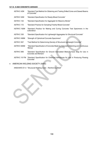 N.T.E. E.060 CONCRETO ARMADO
198
ASTM C 42M “Standard Test Method for Obtaining and Testing Drilled Cores and Sawed Beams
of Concrete”
ASTM C 94M “Standard Specification for Ready-Mixed Concrete”
ASTM C 144 “Standard Specification for Aggregate for Masonry Mortar”
ASTM C 172 “Standard Practice for Sampling Freshly Mixed Concrete”
ASTM C 192M “Standard Practice for Making and Curing Concrete Test Specimens in the
Laboratory”
ASTM C 330 “Standard Specification for Lightweight Aggregates for Structural Concrete”
ASTM C 496M “Strength of Cylindrical Concrete Specimens”
ASTM C 567 “Test Method for Determining Density of Structural Lightweight Concrete”
ASTM C 685M “Standard Specification of Concrete Made by Volumetric Batching and Continuous
Mixing”
ASTM C 989 “Standard Specification for Ground Granulated Blast-Furnace Slag for Use in
Concrete and Mortars”
ASTM C 1017M “Standard Specification for Chemical Admixtures for Use in Producing Flowing
Concrete”
 AMERICAN WELDING SOCIETY (AWS)
ANSI/AWS D1.4 “Structural Welding Code – Reinforcing Steel”
 