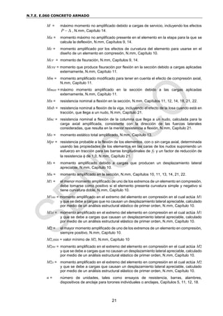 N.T.E. E.060 CONCRETO ARMADO
21
M = máximo momento no amplificado debido a cargas de servicio, incluyendo los efectos
P   , N.mm, Capítulo 14.
Ma = momento máximo no amplificado presente en el elemento en la etapa para la que se
calcula la deflexión, N.mm, Capítulos 9, 14.
Mc = momento amplificado por los efectos de curvatura del elemento para usarse en el
diseño de un elemento en compresión, N.mm, Capítulo 10.
Mcr = momento de fisuración, N.mm, Capítulos 9, 14.
Mcre = momento que produce fisuración por flexión en la sección debido a cargas aplicadas
externamente, N.mm, Capítulo 11.
Mm = momento amplificado modificado para tener en cuenta el efecto de compresión axial,
N.mm, Capítulo 11.
Mmax = máximo momento amplificado en la sección debido a las cargas aplicadas
externamente, N.mm, Capítulo 11.
Mn = resistencia nominal a flexión en la sección, N.mm, Capítulos 11, 12, 14, 18, 21, 22.
Mnb = resistencia nominal a flexión de la viga, incluyendo el efecto de la losa cuando está en
tracción, que llega a un nudo, N.mm, Capítulo 21.
Mnc = resistencia nominal a flexión de la columna que llega a un nudo, calculada para la
carga axial amplificada, consistente con la dirección de las fuerzas laterales
consideradas, que resulta en la menor resistencia a flexión, N.mm, Capítulo 21.
Mo = momento estático total amplificado, N.mm, Capítulo 13.
Mpr = resistencia probable a la flexión de los elementos, con o sin carga axial, determinada
usando las propiedades de los elementos en las caras de los nudos suponiendo un
esfuerzo en tracción para las barras longitudinales de fy y un factor de reducción de
la resistencia  de 1,0, N.mm, Capítulo 21.
Ms = momento amplificado debido a cargas que producen un desplazamiento lateral
apreciable, N.mm, Capítulo 10.
Mu = momento amplificado en la sección, N.mm, Capítulos 10, 11, 13, 14, 21, 22.
M1 = el menor momento amplificado de uno de los extremos de un elemento en compresión,
debe tomarse como positivo si el elemento presenta curvatura simple y negativo si
tiene curvatura doble, N.mm, Capítulo 10.
M1ns = momento amplificado en el extremo del elemento en compresión en el cual actúa M1
y que se debe a cargas que no causan un desplazamiento lateral apreciable, calculado
por medio de un análisis estructural elástico de primer orden, N.mm, Capítulo 10.
M1s = momento amplificado en el extremo del elemento en compresión en el cual actúa M1
y que se debe a cargas que causan un desplazamiento lateral apreciable, calculado
por medio de un análisis estructural elástico de primer orden, N.mm, Capítulo 10.
M2 = el mayor momento amplificado de uno de los extremos de un elemento en compresión,
siempre positivo, N.mm, Capítulo 10.
M2,min = valor mínimo de M2, N.mm, Capítulo 10
M2ns = momento amplificado en el extremo del elemento en compresión en el cual actúa M2
y que se debe a cargas que no causan un desplazamiento lateral apreciable, calculado
por medio de un análisis estructural elástico de primer orden, N.mm, Capítulo 10.
M2s = momento amplificado en el extremo del elemento en compresión en el cual actúa M2
y que se debe a cargas que causan un desplazamiento lateral apreciable, calculado
por medio de un análisis estructural elástico de primer orden, N.mm, Capítulo 10.
n = número de unidades, tales como ensayos de resistencia, barras, alambres,
dispositivos de anclaje para torones individuales o anclajes, Capítulos 5, 11, 12, 18.
 