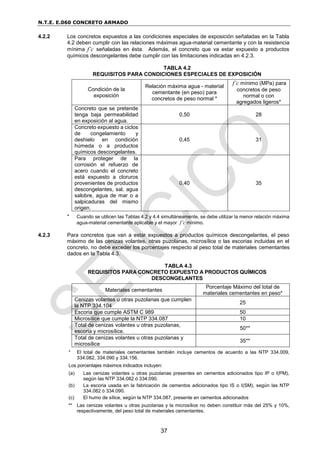 N.T.E. E.060 CONCRETO ARMADO
37
4.2.2 Los concretos expuestos a las condiciones especiales de exposición señaladas en la Tabla
4.2 deben cumplir con las relaciones máximas agua-material cementante y con la resistencia
mínima f’c señaladas en ésta. Además, el concreto que va estar expuesto a productos
químicos descongelantes debe cumplir con las limitaciones indicadas en 4.2.3.
TABLA 4.2
REQUISITOS PARA CONDICIONES ESPECIALES DE EXPOSICIÓN
Condición de la
exposición
Relación máxima agua - material
cementante (en peso) para
concretos de peso normal *
f’c mínimo (MPa) para
concretos de peso
normal o con
agregados ligeros*
Concreto que se pretende
tenga baja permeabilidad
en exposición al agua.
0,50 28
Concreto expuesto a ciclos
de congelamiento y
deshielo en condición
húmeda o a productos
químicos descongelantes.
0,45 31
Para proteger de la
corrosión el refuerzo de
acero cuando el concreto
está expuesto a cloruros
provenientes de productos
descongelantes, sal, agua
salobre, agua de mar o a
salpicaduras del mismo
origen.
0,40 35
* Cuando se utilicen las Tablas 4.2 y 4.4 simultáneamente, se debe utilizar la menor relación máxima
agua-material cementante aplicable y el mayor f’c mínimo.
4.2.3 Para concretos que van a estar expuestos a productos químicos descongelantes, el peso
máximo de las cenizas volantes, otras puzolanas, microsílice o las escorias incluidas en el
concreto, no debe exceder los porcentajes respecto al peso total de materiales cementantes
dados en la Tabla 4.3.
TABLA 4.3
REQUISITOS PARA CONCRETO EXPUESTO A PRODUCTOS QUÍMICOS
DESCONGELANTES
Materiales cementantes
Porcentaje Máximo del total de
materiales cementantes en peso*
Cenizas volantes u otras puzolanas que cumplen
la NTP 334.104
25
Escoria que cumple ASTM C 989 50
Microsílice que cumple la NTP 334.087 10
Total de cenizas volantes u otras puzolanas,
escoria y microsílice.
50**
Total de cenizas volantes u otras puzolanas y
microsílice
35**
* El total de materiales cementantes también incluye cementos de acuerdo a las NTP 334.009,
334.082, 334.090 y 334.156.
Los porcentajes máximos indicados incluyen:
(a) Las cenizas volantes u otras puzolanas presentes en cementos adicionados tipo IP o I(PM),
según las NTP 334.082 ó 334.090.
(b) La escoria usada en la fabricación de cementos adicionados tipo IS o I(SM), según las NTP
334.082 ó 334.090.
(c) El humo de sílice, según la NTP 334.087, presente en cementos adicionados
** Las cenizas volantes u otras puzolanas y la microsílice no deben constituir más del 25% y 10%,
respectivamente, del peso total de materiales cementantes.
 