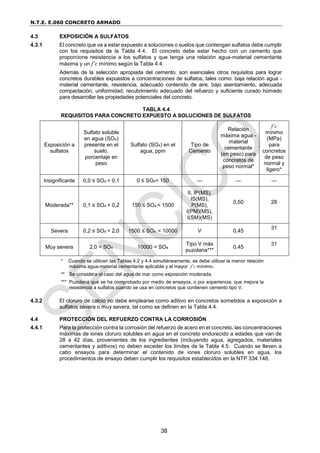 N.T.E. E.060 CONCRETO ARMADO
38
4.3 EXPOSICIÓN A SULFATOS
4.3.1 El concreto que va a estar expuesto a soluciones o suelos que contengan sulfatos debe cumplir
con los requisitos de la Tabla 4.4. El concreto debe estar hecho con un cemento que
proporcione resistencia a los sulfatos y que tenga una relación agua-material cementante
máxima y un f’c mínimo según la Tabla 4.4.
Además de la selección apropiada del cemento, son esenciales otros requisitos para lograr
concretos durables expuestos a concentraciones de sulfatos, tales como: baja relación agua -
material cementante, resistencia, adecuado contenido de aire, bajo asentamiento, adecuada
compactación, uniformidad, recubrimiento adecuado del refuerzo y suficiente curado húmedo
para desarrollar las propiedades potenciales del concreto.
TABLA 4.4
REQUISITOS PARA CONCRETO EXPUESTO A SOLUCIONES DE SULFATOS
Exposición a
sulfatos
Sulfato soluble
en agua (SO4)
presente en el
suelo,
porcentaje en
peso
Sulfato (SO4) en el
agua, ppm
Tipo de
Cemento
Relación
máxima agua -
material
cementante
(en peso) para
concretos de
peso normal*
f’c
mínimo
(MPa)
para
concretos
de peso
normal y
ligero*
Insignificante 0,0 ≤ SO4 < 0,1 0 ≤ SO4< 150 — — —
Moderada** 0,1 ≤ SO4 < 0,2 150 ≤ SO4 < 1500
II, IP(MS),
IS(MS),
P(MS),
I(PM)(MS),
I(SM)(MS)
0,50 28
Severa 0,2 ≤ SO4 < 2,0 1500 ≤ SO4 < 10000 V 0,45
31
Muy severa 2,0 < SO4 10000 < SO4
Tipo V más
puzolana***
0,45
31
* Cuando se utilicen las Tablas 4.2 y 4.4 simultáneamente, se debe utilizar la menor relación
máxima agua-material cementante aplicable y el mayor f’c mínimo.
** Se considera el caso del agua de mar como exposición moderada.
*** Puzolana que se ha comprobado por medio de ensayos, o por experiencia, que mejora la
resistencia a sulfatos cuando se usa en concretos que contienen cemento tipo V.
4.3.2 El cloruro de calcio no debe emplearse como aditivo en concretos sometidos a exposición a
sulfatos severa o muy severa, tal como se definen en la Tabla 4.4.
4.4 PROTECCIÓN DEL REFUERZO CONTRA LA CORROSIÓN
4.4.1 Para la protección contra la corrosión del refuerzo de acero en el concreto, las concentraciones
máximas de iones cloruro solubles en agua en el concreto endurecido a edades que van de
28 a 42 días, provenientes de los ingredientes (incluyendo agua, agregados, materiales
cementantes y aditivos) no deben exceder los límites de la Tabla 4.5. Cuando se lleven a
cabo ensayos para determinar el contenido de iones cloruro solubles en agua, los
procedimientos de ensayo deben cumplir los requisitos establecidos en la NTP 334.148.
 