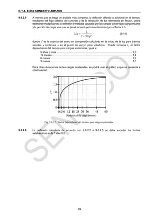 N.T.E. E.060 CONCRETO ARMADO
69
9.6.2.5 A menos que se haga un análisis más completo, la deflexión diferida o adicional en el tiempo,
resultante del flujo plástico del concreto y de la retracción de los elementos en flexión, podrá
estimarse multiplicando la deflexión inmediata causada por las cargas sostenidas (carga muerta
y la porción de carga viva que se prevé actuará permanentemente) por el factor .
1 50 '

 
 
(9-15)
donde ′ es la cuantía del acero en compresión calculado en la mitad de la luz para tramos
simples y continuos y en el punto de apoyo para voladizos. Puede tomarse , el factor
dependiente del tiempo para cargas sostenidas, igual a:
5 años o más ........................................................................................................ 2,0
12 meses............................................................................................................... 1,4
6 meses ...............................................................………………….………………. 1,2
3 meses ................................................................................................................ 1,0
Para otras duraciones de las cargas sostenidas, se podrá usar el gráfico a que se presenta a
continuación.
9.6.2.6 La deflexión calculada de acuerdo con 9.6.2.2 a 9.6.2.5 no debe exceder los límites
establecidos en la Tabla 9.2
Fig. 9.6.2.5 Factor dependiente del tiempo para cargas sostenidas.
Duración de la carga (meses)

 