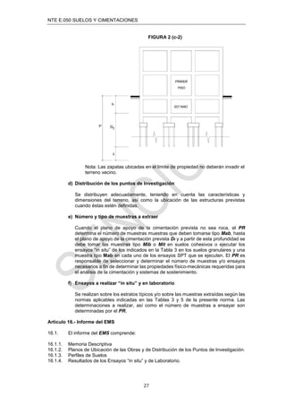 NTE E.050 SUELOS Y CIMENTACIONES
27
FIGURA 2 (c-2)
Nota: Las zapatas ubicadas en el límite de propiedad no deberán invadir el
terreno vecino.
d) Distribución de los puntos de Investigación
Se distribuyen adecuadamente, teniendo en cuenta las características y
dimensiones del terreno, así como la ubicación de las estructuras previstas
cuando éstas estén definidas.
e) Número y tipo de muestras a extraer
Cuando el plano de apoyo de la cimentación prevista no sea roca, el PR
determina el número de muestras muestras que deben tomarse tipo Mab, hasta
el plano de apoyo de la cimentación prevista Df y a partir de esta profundidad se
debe tomar las muestras tipo Mib o Mit en suelos cohesivos o ejecutar los
ensayos “in situ” de los indicados en la Tabla 3 en los suelos granulares y una
muestra tipo Mab en cada uno de los ensayos SPT que se ejecuten. El PR es
responsable de seleccionar y determinar el número de muestras y/o ensayos
necesarios a fin de determinar las propiedades físico-mecánicas requeridas para
el análisis de la cimentación y sistemas de sostenimiento.
f) Ensayos a realizar “in situ” y en laboratorio
Se realizan sobre los estratos típicos y/o sobre las muestras extraídas según las
normas aplicables indicadas en las Tablas 3 y 5 de la presente norma. Las
determinaciones a realizar, así como el número de muestras a ensayar son
determinadas por el PR.
Artículo 16.- Informe del EMS
16.1. El informe del EMS comprende:
16.1.1. Memoria Descriptiva
16.1.2. Planos de Ubicación de las Obras y de Distribución de los Puntos de Investigación.
16.1.3. Perfiles de Suelos
16.1.4. Resultados de los Ensayos “in situ” y de Laboratorio.
 