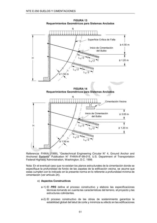 NTE E.050 SUELOS Y CIMENTACIONES
61
FIGURA 13
Requerimientos Geométricos para Sistemas Anclados
FIGURA 14
Requerimientos Geométricos para Sistemas Anclados
Referencia: FHWA (1999), “Geotechnical Engineering Circular N° 4, Ground Anchor and
Anchored Systems” Publication N° FHWA-IF-99-015, U.S. Department of Transportation
Federal Highway Administration, Washington, D.C. 1999.
Nota: En el eventual caso que no existan los planos estructurales de la cimentación donde se
especiﬁque la profundidad de fondo de las zapatas de la ediﬁcación vecina, se asume que
estas cumplen con lo indicado en la presente norma en lo referente a profundidad mínima de
cimentación (ver artículo 24).
e) Aspectos Constructivos
e-1) El PRS deﬁne el proceso constructivo y elabora las especiﬁcaciones
técnicas tomando en cuenta las características del terreno, el proyecto y las
estructuras colindantes.
e-2) El proceso constructivo de las obras de sostenimiento garantiza la
estabilidad global del talud de corte y minimiza su efecto en las ediﬁcaciones
 