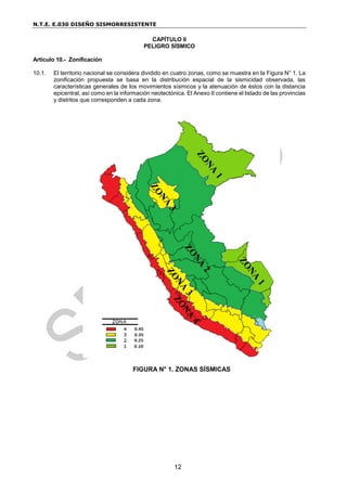 N.T.E. E.030 DISEÑO SISMORRESISTENTE
12
CAPÍTULO II
PELIGRO SÍSMICO
Artículo 10.- Zonificación
10.1. El territorio nacional se considera dividido en cuatro zonas, como se muestra en la Figura N° 1. La
zonificación propuesta se basa en la distribución espacial de la sismicidad observada, las
características generales de los movimientos sísmicos y la atenuación de éstos con la distancia
epicentral, así como en la información neotectónica. El Anexo II contiene el listado de las provincias
y distritos que corresponden a cada zona.
FIGURA N° 1. ZONAS SÍSMICAS
 
