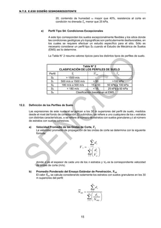 N.T.E. E.030 DISEÑO SISMORRESISTENTE
15
20, contenido de humedad ω mayor que 40%, resistencia al corte en
condición no drenada 𝑆̅𝑢 menor que 25 kPa.
e) Perfil Tipo S4: Condiciones Excepcionales
A este tipo corresponden los suelos excepcionalmente flexibles y los sitios donde
las condiciones geológicas y/o topográficas son particularmente desfavorables, en
los cuales se requiere efectuar un estudio específico para el sitio. Sólo es
necesario considerar un perfil tipo S4 cuando el Estudio de Mecánica de Suelos
(EMS) así lo determine.
La Tabla N° 2 resume valores típicos para los distintos tipos de perfiles de suelo.
Tabla N° 2
CLASIFICACIÓN DE LOS PERFILES DE SUELO
Perfil 𝑉
̅𝑠 60
N u
s
S0 > 1500 m/s - -
S1 500 m/s a 1500 m/s > 50 >100 kPa
S2 180 m/s a 500 m/s 15 a 50 50 kPa a 100 kPa
S3 < 180 m/s < 15 25 kPa a 50 kPa
S4 Clasificación basada en el EMS
12.2. Definición de los Perfiles de Suelo
Las expresiones de este numeral se aplican a los 30 m superiores del perfil de suelo, medidos
desde el nivel del fondo de cimentación. El subíndice i se refiere a uno cualquiera de los n estratos
con distintas características, m se refiere al número de estratos con suelos granulares y k al número
de estratos con suelos cohesivos.
a) Velocidad Promedio de las Ondas de Corte, 𝑽
̅𝒔
La velocidad promedio de propagación de las ondas de corte se determina con la siguiente
fórmula:












 n
i si
i
n
i
i
s
V
d
d
V
1
1
donde di es el espesor de cada uno de los n estratos y Vsi es la correspondiente velocidad
de ondas de corte (m/s).
b) Promedio Ponderado del Ensayo Estándar de Penetración, 𝑵
̅𝟔𝟎
El valor 𝑁
̅60 se calcula considerando solamente los estratos con suelos granulares en los 30
m superiores del perfil:













m
i i
i
m
i
i
N
d
d
N
1 60
1
60
 