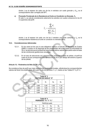 N.T.E. E.030 DISEÑO SISMORRESISTENTE
16
donde di es el espesor de cada uno de los m estratos con suelo granular y 𝑁60𝑖 es el
correspondiente valor corregido del SPT.
c) Promedio Ponderado de la Resistencia al Corte en Condición no Drenada, 𝑺
̅𝒖
El valor 𝑆̅𝑢 se calcula considerando solamente los estratos con suelos cohesivos en los 30
m superiores del perfil:













k
i i
u
i
k
i
i
u
s
d
d
s
1
1
donde di es el espesor de cada uno de los k estratos con suelo cohesivo y 𝑆𝑢𝑖 es la
correspondiente resistencia al corte en condición no drenada (kPa).
12.3. Consideraciones Adicionales
12.3.1. En los casos en los que no sea obligatorio realizar un Estudio de Mecánica de Suelos
(EMS) o cuando no se disponga de las propiedades del suelo hasta la profundidad de
30 m, se permite que el profesional responsable estime valores adecuados sobre la base
de las condiciones geotécnicas conocidas.
12.3.2. En el caso de estructuras con cimentaciones profundas a base de pilotes, el perfil de
suelo es el que corresponda a los estratos en los 30 m por debajo del extremo superior
de los pilotes.
Artículo 13.- Parámetros de Sitio (S, TP y TL)
Se considera el tipo de perfil que mejor describa las condiciones locales, utilizándose los correspondientes
valores del factor de amplificación del suelo S y de los períodos TP y TL dados en las Tablas N° 3 y N° 4.
Tabla N° 3
FACTOR DE SUELO “S”
SUELO
ZONA
S0 S1 S2 S3
Z4 0,80 1,00 1,05 1,10
Z3 0,80 1,00 1,15 1,20
Z2 0,80 1,00 1,20 1,40
Z1 0,80 1,00 1,60 2,00
Tabla N° 4
PERÍODOS “TP” Y “TL”
Perfil de suelo
S0 S1 S2 S3
TP (s) 0,3 0,4 0,6 1,0
TL (s) 3,0 2,5 2,0 1,6
 