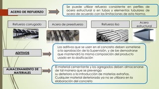 Se puede utilizar refuerzo consistente en perfiles de
acero estructural o en tubos y elementos tubulares de
acero de acuerdo con las limitaciones de esta Norma.
ACERO DE REFUERZO
Refuerzo corrugado Refuerzo liso
Acero de preesfuerzo
Acero
estructural
Los aditivos que se usen en el concreto deben someterse
a la aprobación de la Supervisión, y de be demostrarse
que mantendrá la misma composición del producto
usado en la dosificación
ADITIVOS
ALMACENAMIENTO DE
MATERIALES
El material cementante y los agregados deben almacenarse
de tal manera que se prevenga
su deterioro o la introducción de materias extrañas.
Cualquier material deteriorado ya no se utilizara en la
elaboración del concreto
 