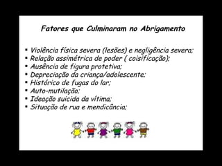 Fatores que Culminaram no Abrigamento Violência física severa (lesões) e negligência severa;  Relação assimétrica de poder ( coisificação); Ausência de figura protetiva; Depreciação da criança/adolescente; Histórico de fugas do lar; Auto-mutilação;  Ideação suicida da vítima; Situação de rua e mendicância; 