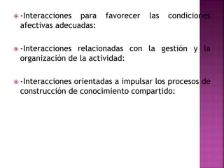  -Interacciones para favorecer las condiciones
afectivas adecuadas:
 -Interacciones relacionadas con la gestión y la
organización de la actividad:
 -Interacciones orientadas a impulsar los procesos de
construcción de conocimiento compartido:
 