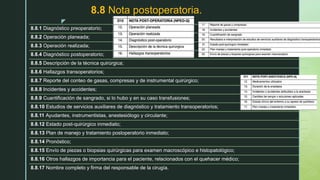 z
8.8 Nota postoperatoria.
8.8.1 Diagnóstico preoperatorio;
8.8.2 Operación planeada;
8.8.3 Operación realizada;
8.8.4 Diagnóstico postoperatorio;
8.8.5 Descripción de la técnica quirúrgica;
8.8.6 Hallazgos transoperatorios;
8.8.7 Reporte del conteo de gasas, compresas y de instrumental quirúrgico;
8.8.8 Incidentes y accidentes;
8.8.9 Cuantificación de sangrado, si lo hubo y en su caso transfusiones;
8.8.10 Estudios de servicios auxiliares de diagnóstico y tratamiento transoperatorios;
8.8.11 Ayudantes, instrumentistas, anestesiólogo y circulante;
8.8.12 Estado post-quirúrgico inmediato;
8.8.13 Plan de manejo y tratamiento postoperatorio inmediato;
8.8.14 Pronóstico;
8.8.15 Envío de piezas o biopsias quirúrgicas para examen macroscópico e histopatológico;
8.8.16 Otros hallazgos de importancia para el paciente, relacionados con el quehacer médico;
8.8.17 Nombre completo y firma del responsable de la cirugía.
z
8.8 Nota postoperatoria.
8.8.1 Diagnóstico preoperatorio;
8.8.2 Operación planeada;
8.8.3 Operación realizada;
8.8.4 Diagnóstico postoperatorio;
8.8.5 Descripción de la técnica quirúrgica;
8.8.6 Hallazgos transoperatorios;
8.8.7 Reporte del conteo de gasas, compresas y de instrumental quirúrgico;
8.8.8 Incidentes y accidentes;
8.8.9 Cuantificación de sangrado, si lo hubo y en su caso transfusiones;
8.8.10 Estudios de servicios auxiliares de diagnóstico y tratamiento transoperatorios;
8.8.11 Ayudantes, instrumentistas, anestesiólogo y circulante;
8.8.12 Estado post-quirúrgico inmediato;
8.8.13 Plan de manejo y tratamiento postoperatorio inmediato;
8.8.14 Pronóstico;
8.8.15 Envío de piezas o biopsias quirúrgicas para examen macroscópico e histopatológico;
8.8.16 Otros hallazgos de importancia para el paciente, relacionados con el quehacer médico;
8.8.17 Nombre completo y firma del responsable de la cirugía.
 