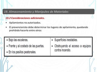 19.2 Consideraciones adicionales.
• Apilamientos no autorizados.
• El prevencionista debe determinar los lugares de apilamiento, quedando
prohibido hacerlo entre otros:
77
 
