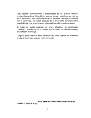 Lista opcional pormenorizada y especializada de “h” diversos términos
precisos (geográficos. Orográficos, autores, temas y otros) que se incluyen
en el documento, para facilitar la ubicación de textos. No debe confundirse
con el contenido. Se coloca después de la bibliografía complementaria,
cuando la hay, o se sigue el orden establecido para los complementarios.

El índice se puede organizar en orden alfabético, de clasificación,
cronológico, numérico o de la manera que se quiera para la compresión y
presentación del trabajo.

Luego de cada palabra o frase, se coloca una coma seguida del número de
la página donde esté ubicada esta información.




                         ESQUEMA DE PRESENTACION DE INDICES
EJEMPLO (FIGURA 14)


                                    45
 