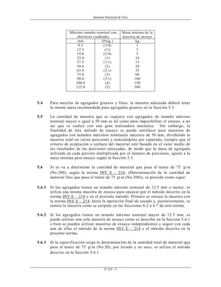 Instituto Nacional de Vías
E 213 - 3
Máximo tamaño nominal con
aberturas cuadradas
Masa mínima de la
muestra de ensayo
mm (Pulg.) kg
9.5
12.5
19.0
25.0
37.5
50.0
63.0
75.0
90.0
100.0
125.0
(3/8)
(½)
(3/4)
(1)
(1½)
(2)
(2½)
(3)
(3½)
(4)
(5)
1
2
5
10
15
20
35
60
100
150
300
5.4 Para mezclas de agregados gruesos y finos, la muestra adecuada deberá tener
la misma masa recomendada para agregados gruesos en la Sección 5.3
5.5 La cantidad de muestra que se requiere con agregados de tamaño máximo
nominal mayor o igual a 50 mm es tal como para imposibilitar el ensayo, a no
ser que se realice con una gran tamizadora mecánica. Sin embargo, la
finalidad de éste método de ensayo se puede satisfacer para muestras de
agregados con tamaños máximos nominales mayores de 50 mm, dividiendo la
muestra total en varias porciones y tamizándolas por separado, siempre que el
criterio de aceptación o rechazo del material esté basado en el valor medio de
los resultados de las porciones ensayadas, de modo que la masa de agregado
utilizada en cada porción multiplicada por el número de porciones, iguale a la
masa mínima para ensayo según la Sección 5.3.
5.6 Si se va a determinar la cantidad de material que pasa el tamiz de 75 µ m
(No.200), según la norma INV E – 214. (Determinación de la cantidad de
material fino que pasa el tamiz de 75 µ m (No.200)), se procede como sigue:
5.6.1 Si los agregados tienen un tamaño máximo nominal de 12.5 mm o menor, se
utiliza una misma muestra de ensayo para ensayar por el método descrito en la
norma INV E – 214 y en el presente método. Primero se ensaya la muestra con
la norma INV E – 214, hasta la operación final de secado y, posteriormente, se
tamiza la muestra como se estipula en las Secciones 6.2 a 6.7 de esta norma.
5.6.2 Si los agregados tienen un tamaño máximo nominal mayor de 12.5 mm, se
puede utilizar una sola muestra de ensayo como se describe en la Sección 5.6.1
o bien se pueden utilizar muestras de ensayo independientes y seguir con cada
una de ellas el método de la norma INV E – 214 y el método descrito en la
presente norma.
5.6.3 Si la especificación exige la determinación de la cantidad total de material que
pasa el tamiz de 75 µ m (No.20), por lavado y en seco, se utiliza el método
descrito en la Sección 5.6.1.
 