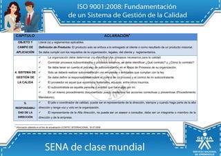 CAPIITULO ACLARACIIÓN4 
OBJETO Y CAMPO DE APLICACIÓN Literal (a) y reglamentos aplicables. Definición de Producto: El producto solo se enfoca a lo entregado al cliente o como resultado de un producto misional. Se debe cumplir con los requisitos de la organización, legales, del cliente y reglamentarios. 
4. SISTEMA DE GESTIÓN DE LA CALIDA 
 La organización debe determinar (no identificar) los procesos necesarios para la calidad. 
 Controlar procesos subcontratados o procesos externos, se debe identificar ¿Qué contrato? y ¿Cómo lo contrato? 
 Se debe tener en cuenta el proceso de subcontratación en el Mapa de Procesos de su organización. 
 Solo se deberá realizar subcontratación con empresas o entidades que cumplan con la ley. 
 Se debe definir la responsabilidad sobre el control de mí proceso y el control de mí subcontratante. 
 El proveedor es aquel que suministra materiales, equipos, entre otros insumos. 
 El subcontratista es aquella persona o entidad que hace algo por mí. 
 En un mismo procedimiento documentado puedo evidenciar las acciones correctivas y preventivas (Procedimiento Mandatorio). 5. RESPONSABILIDAD DE LA DIRECCIÓN  El jefe o coordinador de calidad, puede ser el representante de la dirección, siempre y cuando haga parte de la alta dirección y tenga voz y voto en la organización.  El representante de la Alta dirección, no puede serr un asesorr o consullttorr, debe ser un integrante o miembro de la dirección y de la empresa. 
4 Información obtenida en el foro de actualización ICONTEC INTERNACIONAL, 30-07-2008.  