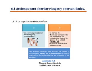 6.1 Acciones para abordar riesgos y oportunidades.
6.1.2 La organización debe planificar:
Apartado 4.4
Sistema de gestión de la
calidad y sus procesos
Las acciones tomadas para abordar los riesgos y
oportunidades deben ser proporcionales al impacto
potencial en la conformidad de los productos y los
servicios.
a)
• las acciones para abordar
estos riesgos y
oportunidades;
b)
• la manera de
• 1) integrar e implementar
las acciones en sus
procesos del sistema de
gestión de la calidad
(véase 4.4.);
• 2) evaluar la eficacia de
estas acciones.
 