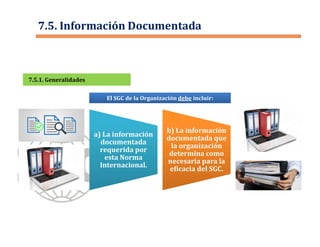7.5.1. Generalidades7.5.1. Generalidades
El SGC de la Organización debe incluir:
7.5. Información Documentada
a) La información
documentada
requerida por
esta Norma
Internacional.
a) La información
documentada
requerida por
esta Norma
Internacional.
b) La información
documentada que
la organización
determina como
necesaria para la
eficacia del SGC.
b) La información
documentada que
la organización
determina como
necesaria para la
eficacia del SGC.
 