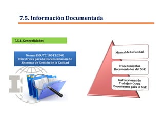 7.5.1. Generalidades7.5.1. Generalidades
7.5. Información Documentada
Norma ISO/TC 10013:2001
Directrices para la Documentación de
Sistemas de Gestión de la Calidad
 