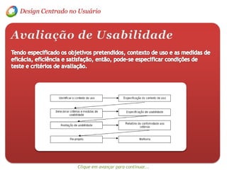 Design Centrado no UsuárioMedindo a usabilidadeOs componentes e os relacionamentos entre elesClique em avançar para continuar...