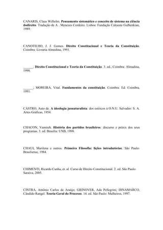 CANARIS, Claus Wilhelm. Pensamento sistemático e conceito de sistema na ciência
dodireito. Tradução de A . Menezes Cordeiro. Lisboa: Fundação Calouste Gulbenkian,
1989.

CANOTILHO, J. J. Gomes. Direito Constitucional e Teoria da Constituição.
Coimbra: Livraria Almedina, 1991.

______. Direito Constitucional e Teoria da Constituição. 3. ed., Coimbra: Almadina,
1998.

______; MOREIRA, Vital. Fundamentos da constituição. Coimbra: Ed. Coimbra,
1991.

CASTRO, Auto de. A ideologia jusnaturalista: dos estóicos à O.N.U. Salvador: S. A.
Artes Gráficas, 1954.

CHACON, Vamireh. História dos partidos brasileiros: discurso e práxis dos seus
programas. 3. ed. Brasília: UNB, 1998.

CHAUI, Marilena e outros. Primeira Filosofia: lições introdutórias. São Paulo:
Brasiliense, 1984.

CHIMENTI, Ricardo Cunha, et. al. Curso de Direito Constitucional. 2. ed. São Paulo:
Saraiva, 2005.

CINTRA, Antônio Carlos de Araújo; GRINOVER, Ada Pellegrini; DINAMARCO,
Cândido Rangel. Teoria Geral do Processo. 14. ed. São Paulo: Malheiros, 1997.

 