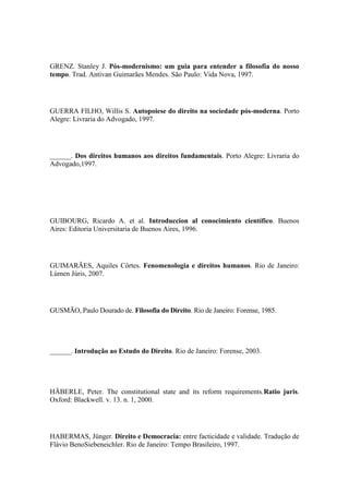 GRENZ. Stanley J. Pós-modernismo: um guia para entender a filosofia do nosso
tempo. Trad. Antivan Guimarães Mendes. São Paulo: Vida Nova, 1997.

GUERRA FILHO, Willis S. Autopoiese do direito na sociedade pós-moderna. Porto
Alegre: Livraria do Advogado, 1997.

______. Dos direitos humanos aos direitos fundamentais. Porto Alegre: Livraria do
Advogado,1997.

GUIBOURG, Ricardo A. et al. Introduccion al conocimiento científico. Buenos
Aires: Editoria Universitaria de Buenos Aires, 1996.

GUIMARÃES, Aquiles Côrtes. Fenomenologia e direitos humanos. Rio de Janeiro:
Lúmen Júris, 2007.

GUSMÃO, Paulo Dourado de. Filosofia do Direito. Rio de Janeiro: Forense, 1985.

______. Introdução ao Estudo do Direito. Rio de Janeiro: Forense, 2003.

HÄBERLE, Peter. The constitutional state and its reform requirements.Ratio juris.
Oxford: Blackwell. v. 13. n. 1, 2000.

HABERMAS, Jünger. Direito e Democracia: entre facticidade e validade. Tradução de
Flávio BenoSiebeneichler. Rio de Janeiro: Tempo Brasileiro, 1997.

 
