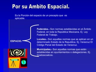 Por su Ambito Espacial. Es la Porción del espacio de un precepto que  es aplicable. ESPACIO. Federales.-  Son normas establecidas en el Ámbito Federal, en toda la República Mexicana. Ej  Ley Federal de Trabajo. Locales.-  Son aquellas normas que se aplican en un determinado Estado de la Republica. Ej. Veracruz El Código Penal del Estado de Veracruz. Municipales.-  Son aquellas normas que están establecidas en ayuntamientos o delegaciones. Ej. Coatzacoalcos. 