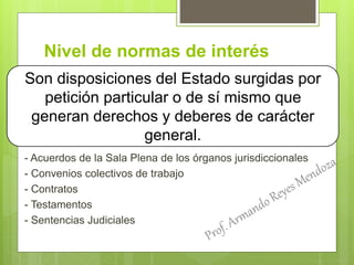 Nivel de normas de interés
particular
- Acuerdos de la Sala Plena de los órganos jurisdiccionales
- Convenios colectivos de trabajo
- Contratos
- Testamentos
- Sentencias Judiciales
Son disposiciones del Estado surgidas por
petición particular o de sí mismo que
generan derechos y deberes de carácter
general.
 
