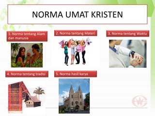 NORMA UMAT KRISTEN 
1. Norma tentang Alam 
dan manusia 
2. Norma tentang Materi 3. Norma tentang Waktu 
4. Norma tentang tradisi 5. Norma hasil karya 
 
