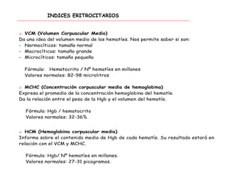 INDICES ERITROCITARIOS
 VCM (Volumen Corpuscular Medio)
Da una idea del volumen medio de los hematíes. Nos permite saber si son:
- Normocíticos: tamaño normal
- Macrocíticos: tamaño grande
- Microcíticos: tamaño pequeño
Fórmula: Hematocrito / Nº hematíes en millones
Valores normales: 82-98 microlitros
 MCHC (Concentración corpuscular media de hemoglobina)
Expresa el promedio de la concentración hemoglobina del hematíe.
Da la relación entre el peso de la Hgb y el volumen del hematíe.
Fórmula: Hgb / hematocrito
Valores normales: 32-36%
 HCM (Hemoglobina corpuscular media)
Informa sobre el contenido medio de Hgb de cada hematíe. Su resultado estará en
relación con el VCM y MCHC.
Fórmula: Hgb/ Nº hematíes en millones.
Valores normales: 27-31 picogramos.
 