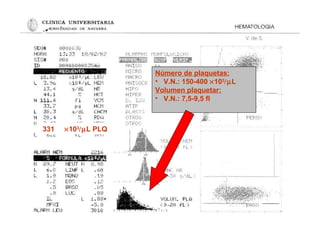Número de plaquetas:
• V.N.: 150-400 ×103
/µL
Volumen plaquetar:
• V.N.: 7,5-9,5 fl
331 ×103
/µL PLQ
 