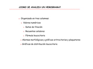 ¿COMO SE ANALIZA UN HEMOGRAMA?
 Organizado en tres columnas:
 Valores numéricos
 Datos de filiación
 Recuentos celulares
 Fórmula leucocitaria
 Alarmas morfológicas y gráficas eritrocitarias y plaquetares
 Gráficas de distribución leucocitaria
 