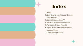 Ìndex
Index
1.
Què és una oració subordinada
substantiva??
2.
Com s’introdueixen??
3.
Verbs que solen introduir-les.
4.
Funcions dins de l’oració.
5.
Tipus d’oracions subordinades
substantives.
6.
Conclusió i pràctica.
7.
 