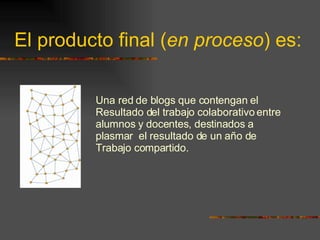 El producto final ( en proceso ) es: Una red de blogs que contengan el  Resultado del trabajo colaborativo entre  alumnos y docentes, destinados a  plasmar  el resultado de un año de  Trabajo compartido. 