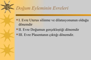 Doğum Eyleminin Evreleri I. Evre Uterus silinme ve dilatasyonunun olduğu dönemdir II. Evre Doğumun gerçekleştiği dönemdir III. Evre Plasentanın çıktığı dönemdir.  