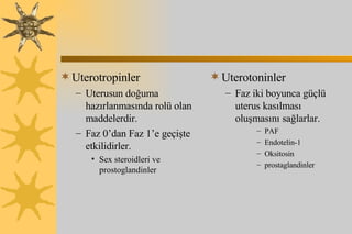 Uterotropinler Uterusun doğuma hazırlanmasında rolü olan maddelerdir.  Faz 0’dan Faz 1’e geçişte etkilidirler.  Sex steroidleri ve prostoglandinler Uterotoninler Faz iki boyunca güçlü uterus kasılması oluşmasını sağlarlar.  PAF Endotelin-1 Oksitosin prostaglandinler 