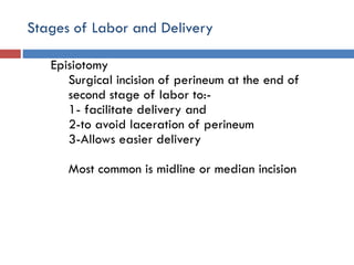 Stages of Labor and Delivery
Episiotomy
Surgical incision of perineum at the end of
second stage of labor to:-
1- facilitate delivery and
2-to avoid laceration of perineum
3-Allows easier delivery
Most common is midline or median incision
 