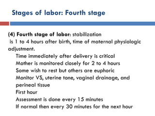 Stages of labor: Fourth stage
(4) Fourth stage of labor: stabilization
is 1 to 4 hours after birth, time of maternal physiologic
adjustment.
Time immediately after delivery is critical
Mother is monitored closely for 2 to 4 hours
Some wish to rest but others are euphoric
Monitor VS, uterine tone, vaginal drainage, and
perineal tissue
First hour
Assessment is done every 15 minutes
If normal then every 30 minutes for the next hour
 