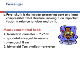 Passenger
a. Fetal skull: is the largest presenting part and least
compressible fetal structure, making it an important
factor in relation to labor and birth.
Measu rement fetal head:
1. transverse diameter – 9.25cm
- biparietal – largest transverse
- bitemporal 8 cm
2. bimastoid 7cm smallest transverse
 