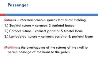 Passenger
Sutures – intermembranous spaces that allow molding.
1.) Sagittal suture – connects 2 parietal bones
2.) Coronal suture – connect parietal & frontal bone
3.) Lambdoidal suture – connects occipital & parietal bone
Moldings: the overlapping of the sutures of the skull to
permit passage of the head to the pelvis
 