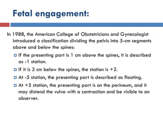 Fetal engagement:
In 1988, the American College of Obstetricians and Gynecologist
introduced a classification dividing the pelvis into 5-cm segments
above and below the spines:
 If the presenting part is 1 cm above the spines, it is described
as -1 station.
 If it is 2 cm below the spines, the station is +2.
 At -5 station, the presenting part is described as floating.
 At +5 station, the presenting part is on the perineum, and it
may distend the vulva with a contraction and be visible to an
observer.
 