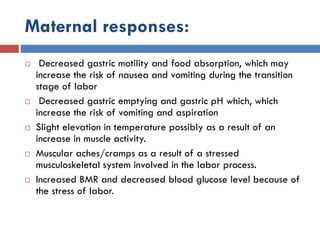 Maternal responses:
 Decreased gastric motility and food absorption, which may
increase the risk of nausea and vomiting during the transition
stage of labor
 Decreased gastric emptying and gastric pH which, which
increase the risk of vomiting and aspiration
 Slight elevation in temperature possibly as a result of an
increase in muscle activity.
 Muscular aches/cramps as a result of a stressed
musculoskeletal system involved in the labor process.
 Increased BMR and decreased blood glucose level because of
the stress of labor.
 
