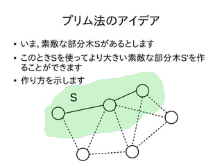 プリム法のアイデア
● いま、素敵な部分木Sがあるとします
● このときSを使ってより大きい素敵な部分木S'を作
ることができます
●
作り方を示します
S
 