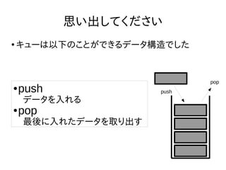 ●
キューは以下のことができるデータ構造でした
思い出してください
● push
データを入れる
● pop
最後に入れたデータを取り出す
push
pop
 