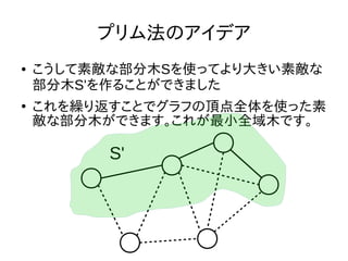 プリム法のアイデア
● こうして素敵な部分木Sを使ってより大きい素敵な
部分木S'を作ることができました
●
これを繰り返すことでグラフの頂点全体を使った素
敵な部分木ができます。これが最小全域木です。
S'
 