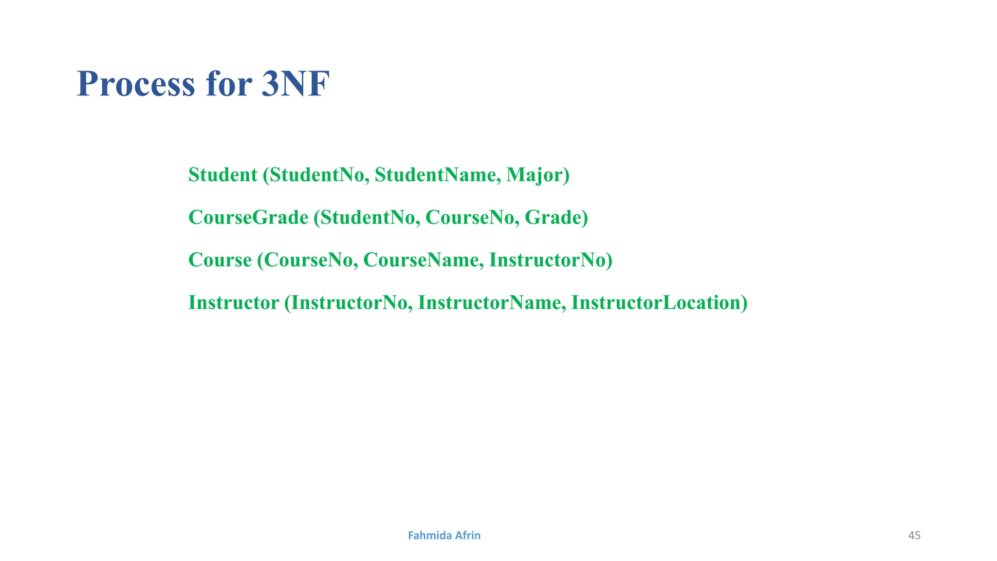 Process for 3NF
Student (StudentNo, StudentName, Major)
CourseGrade (StudentNo, CourseNo, Grade)
Course (CourseNo, CourseName, InstructorNo)
Instructor (InstructorNo, InstructorName, InstructorLocation)
Fahmida Afrin 45
 
