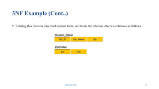 3NF Example (Cont..)
 To bring this relation into third normal form, we break the relation into two relations as follows −
Fahmida Afrin 29
 