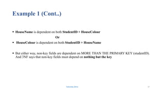 Example 1 (Cont..)
 HouseName is dependent on both StudentID + HouseColour
Or
 HouseColour is dependent on both StudentID + HouseName
 But either way, non-key fields are dependent on MORE THAN THE PRIMARY KEY (studentID).
And 3NF says that non-key fields must depend on nothing but the key
Fahmida Afrin 37
 