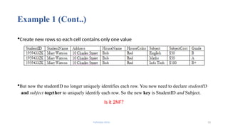 Fahmida Afrin 33
Example 1 (Cont..)
Create new rows so each cell contains only one value
But now the studentID no longer uniquely identifies each row. You now need to declare studentID
and subject together to uniquely identify each row. So the new key is StudentID and Subject.
Is it 2NF?
 